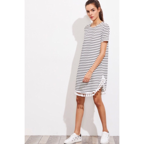 Tassel Trim Dolphin Hem Striped Dress - Picture 4 of 5
